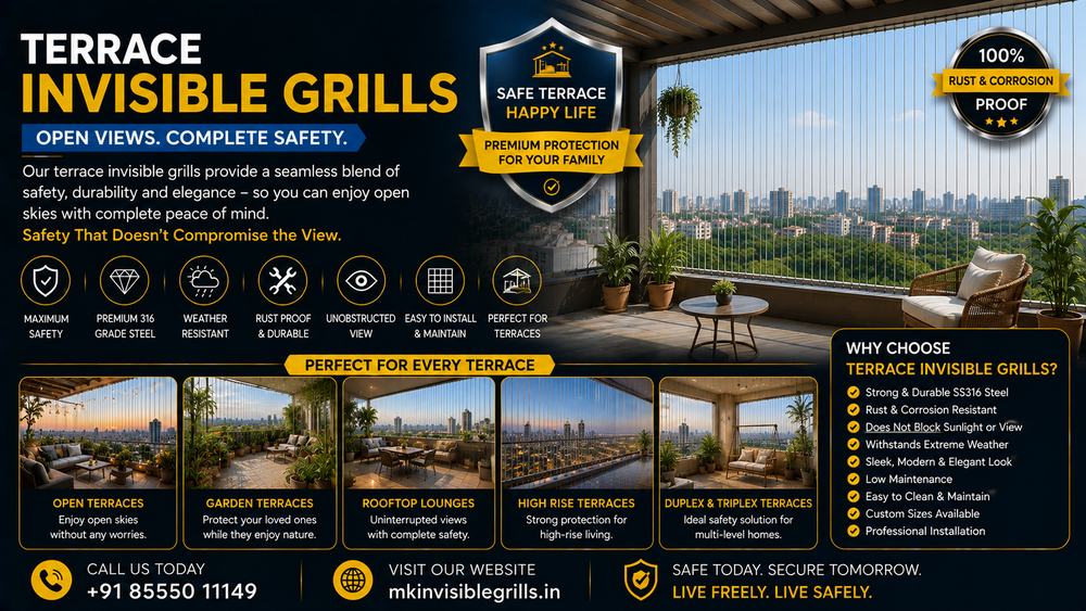 Terrace Invisible Grills installation by MK Invisible Grills